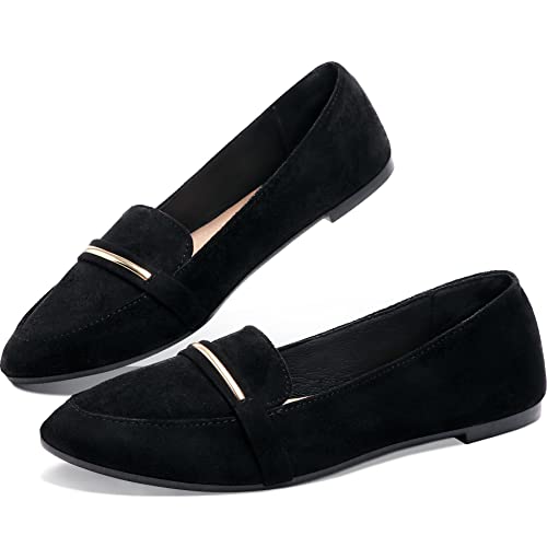 Obtaom Women's Pointy Toe Loafer Flat Comfortable Faux Suede Work Shoes,Cute Penny Loafer Slip On Ballet Flat(Black US8)